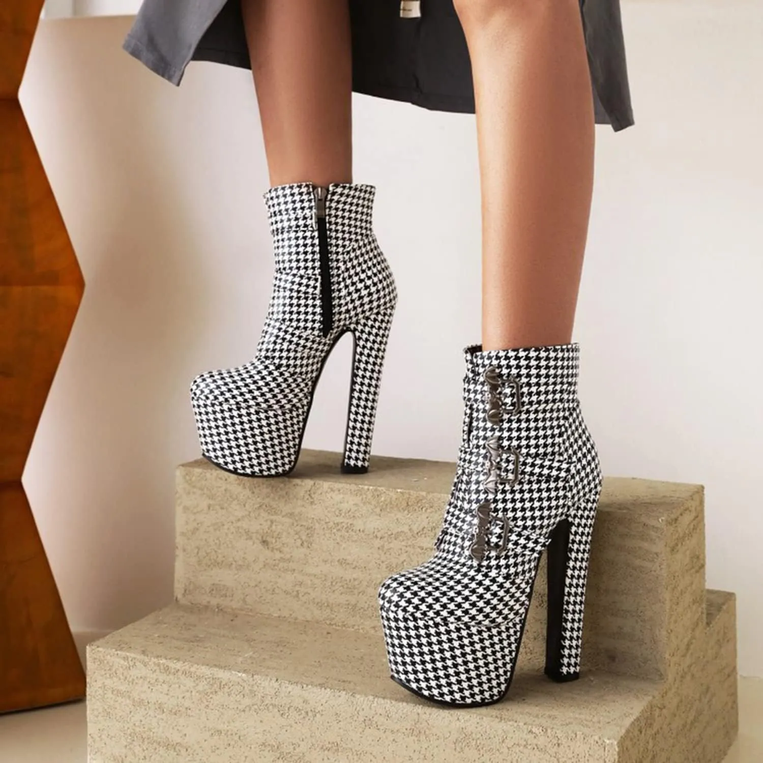 bbruriy Platform Boots for Women,Chunky Heel Round Toe Pu Leather Boots Side Zipper Metal Buckle Booties Nightclub Party Dress Boot 6.7" Chunky Heel Shoes