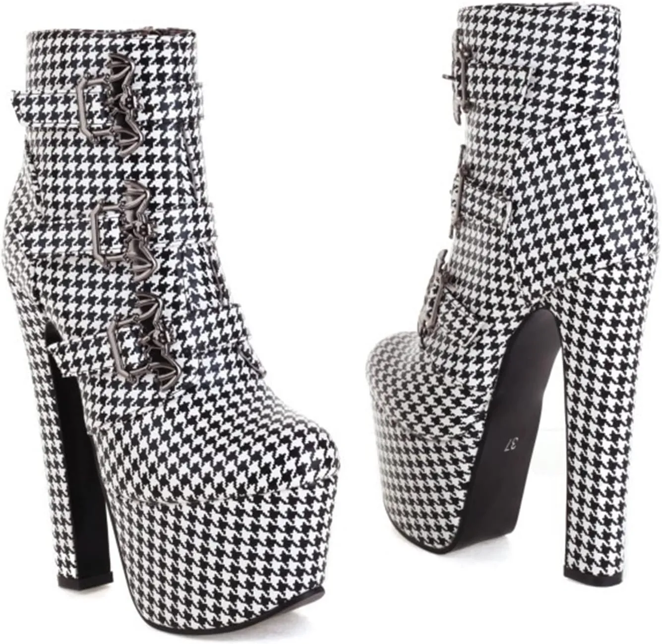 bbruriy Platform Boots for Women,Chunky Heel Round Toe Pu Leather Boots Side Zipper Metal Buckle Booties Nightclub Party Dress Boot 6.7" Chunky Heel Shoes