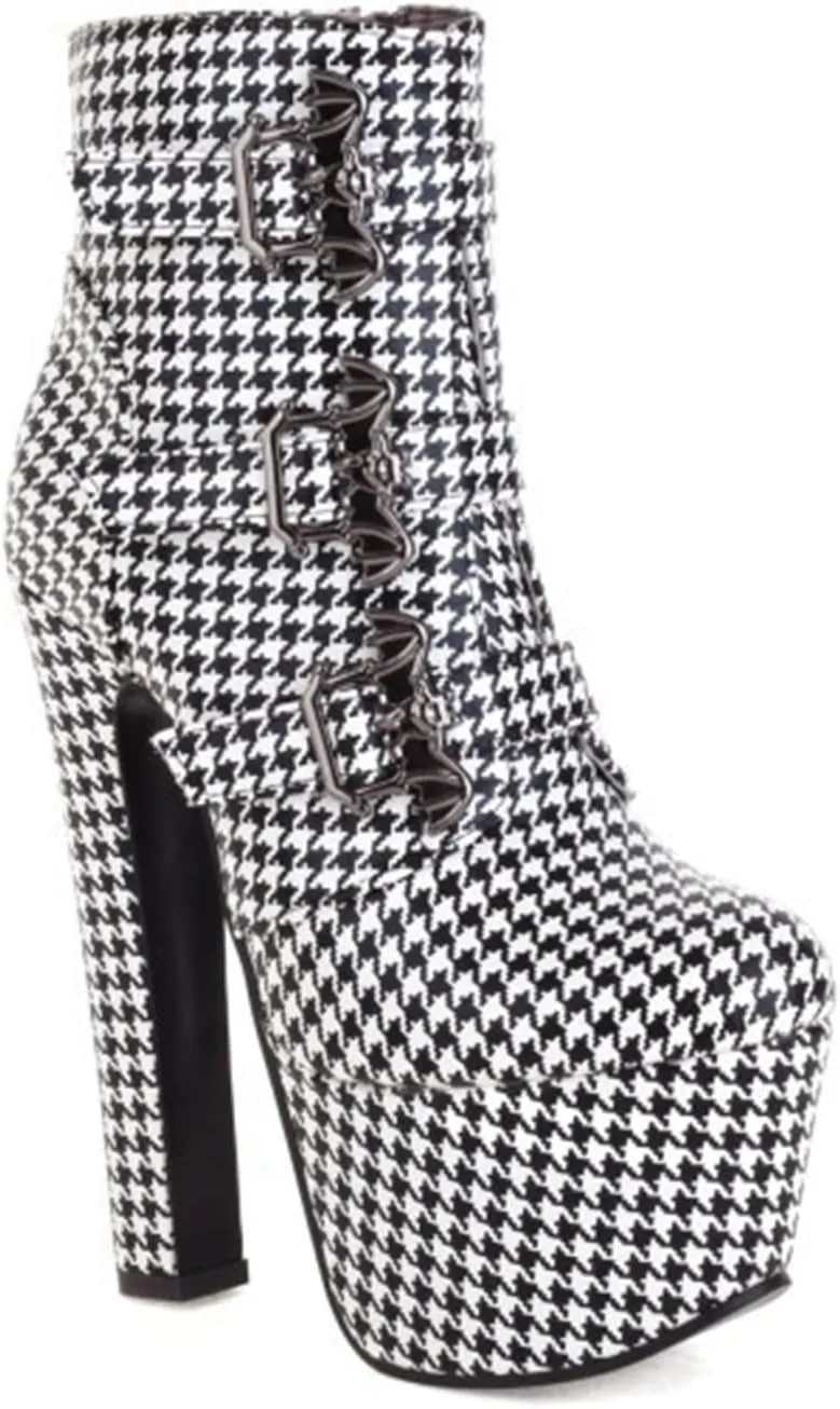 bbruriy Platform Boots for Women,Chunky Heel Round Toe Pu Leather Boots Side Zipper Metal Buckle Booties Nightclub Party Dress Boot 6.7" Chunky Heel Shoes
