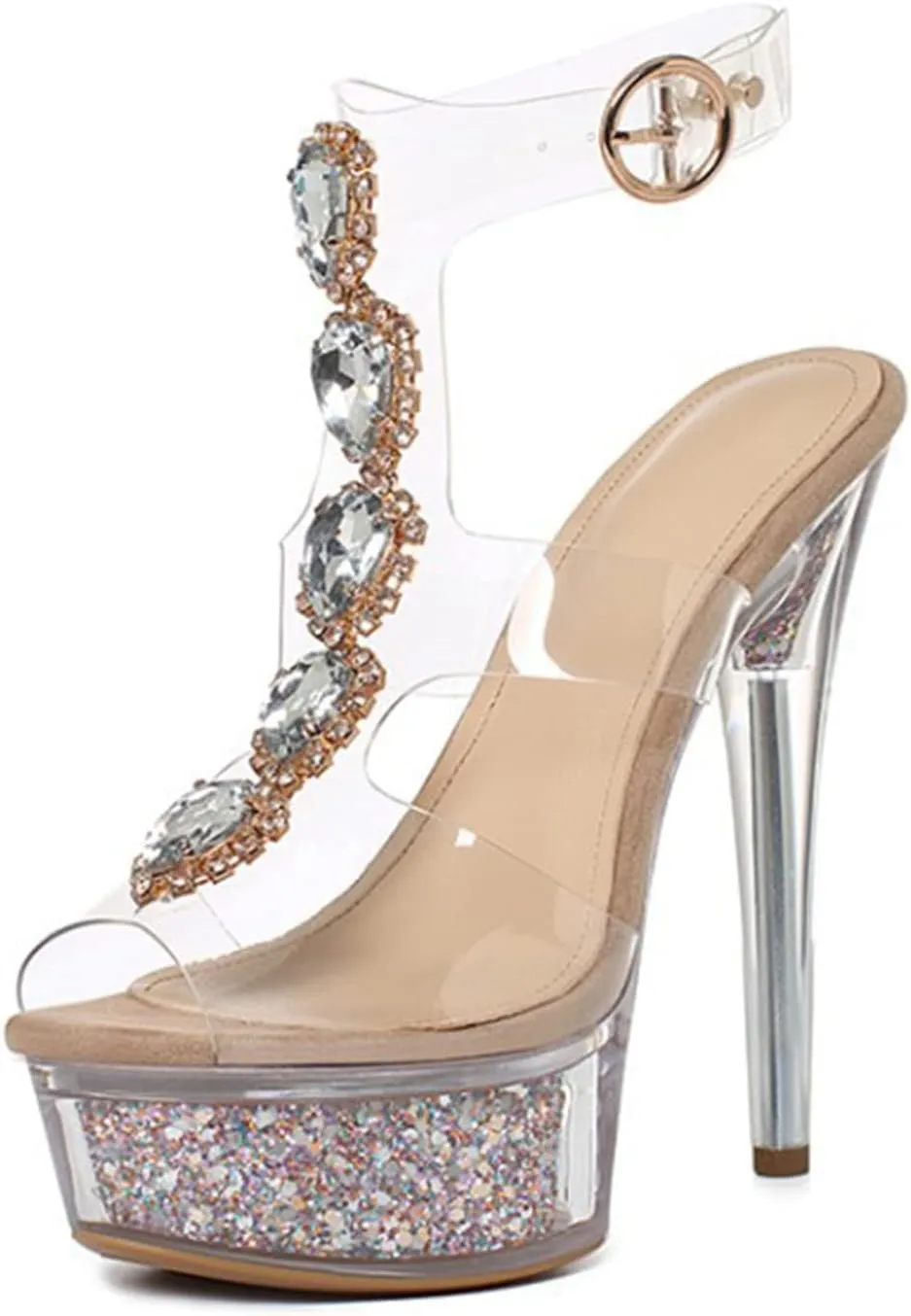 bbruriy Women's Sheer Sequin Platform Stilettos Peep Toe Slingbacks Pumps Clear Rhinestone Ankle Strap Wedding Party Dress Shoes 13Cm