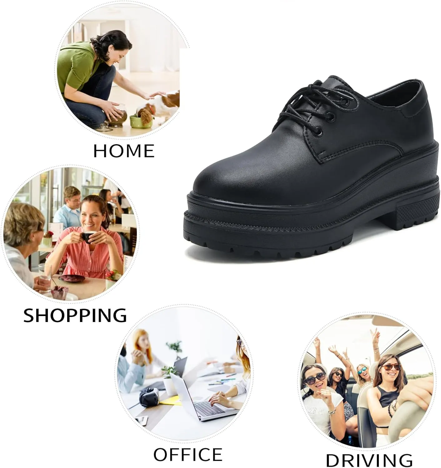 Black Wedge Increase Height Lug Sole Oxford Shoes for Women Platform Patent Leather Lace Up Platform Chunky Loafers Classic Business Casual Work Office Dress Shoes