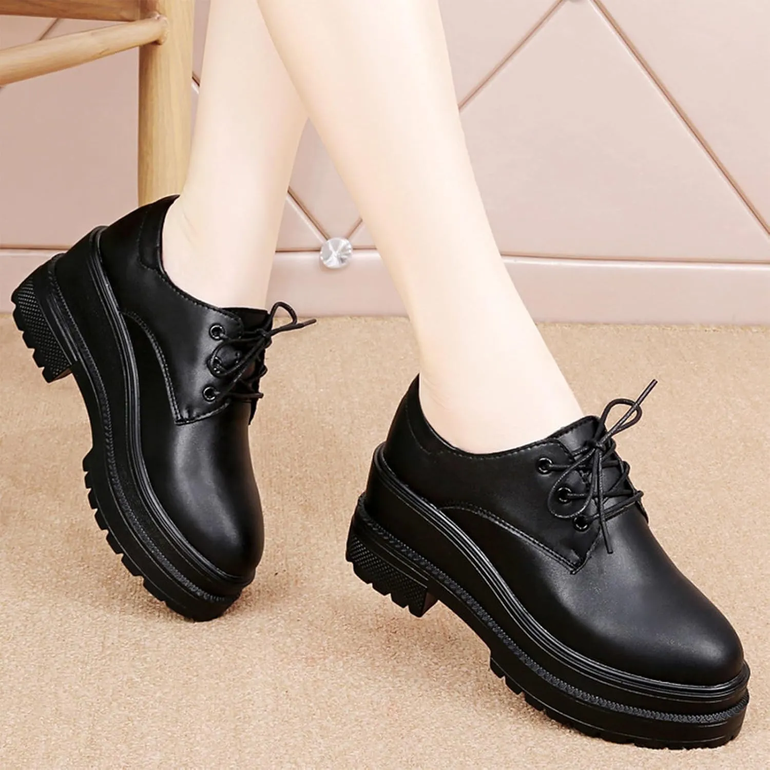 Black Wedge Increase Height Lug Sole Oxford Shoes for Women Platform Patent Leather Lace Up Platform Chunky Loafers Classic Business Casual Work Office Dress Shoes