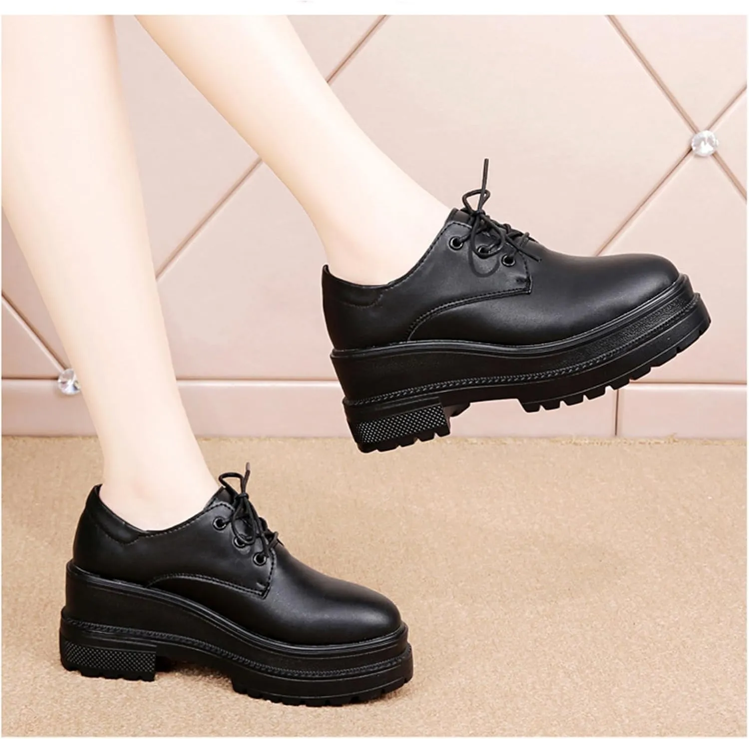 Black Wedge Increase Height Lug Sole Oxford Shoes for Women Platform Patent Leather Lace Up Platform Chunky Loafers Classic Business Casual Work Office Dress Shoes