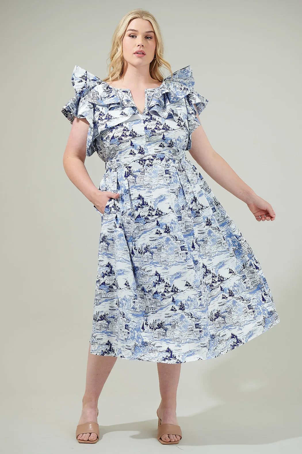 Francine Toile Sky Santana Tie Back Midi Dress Curve
