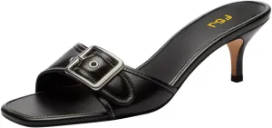 FSJ Women Low Kitten Heel Mules Comfortable Square Open Toe Slip On Sandals Studs Buckled Strap Slides Summer Fashion Slippers Size 4-16 US