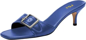 FSJ Women Low Kitten Heel Mules Comfortable Square Open Toe Slip On Sandals Studs Buckled Strap Slides Summer Fashion Slippers Size 4-16 US