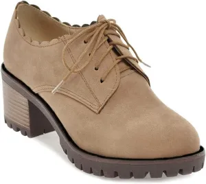 MIOKE Women's Casual Platform Lace Up Pump Oxfords Round Toe Suede Chunky High Heel Vintage Dress Shoes Brown