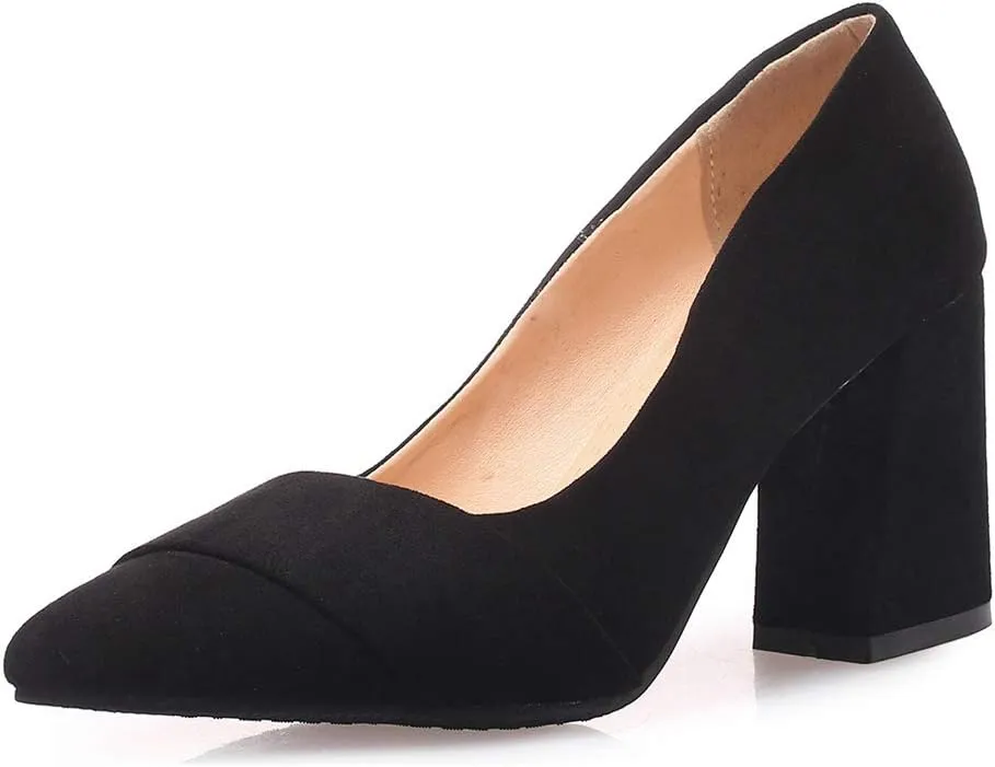 MIOKE Women's Chunky Block Mid Heel Pumps Pointed Toe Buckle Suede Slip-On Casual Work Office Dress Shoes