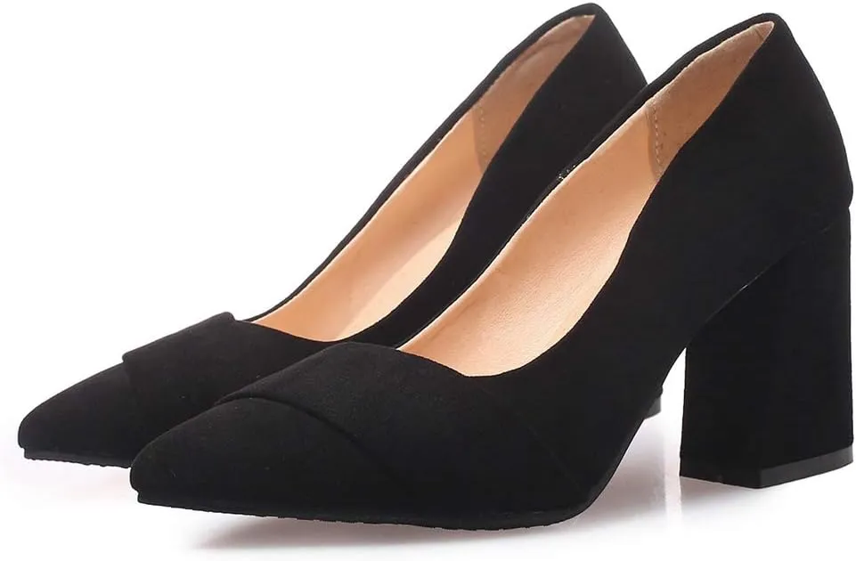 MIOKE Women's Chunky Block Mid Heel Pumps Pointed Toe Buckle Suede Slip-On Casual Work Office Dress Shoes