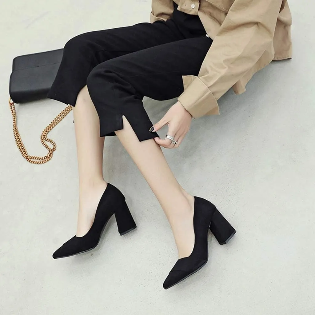 MIOKE Women's Chunky Block Mid Heel Pumps Pointed Toe Buckle Suede Slip-On Casual Work Office Dress Shoes