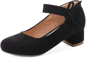 MIOKE Women's Chunky Mid Block Heel Pumps Round Toe Bowknot Suede Slip-On Comfort Dress Work Office Shoes