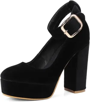 MIOKE Women's Platform Chunky High Block Heel Pumps Round Toe Comfort Buckle Strap Mary Jane Dress Shoes