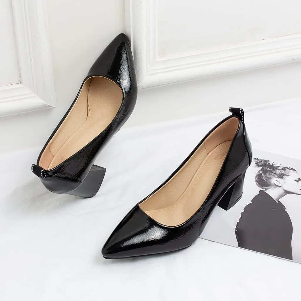 MIOKE Women's Pointed Toe Rhinestone Dress Pumps Suede Slip-On Chunky Mid Heel Wedding Party Evening Shoes