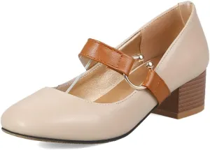 MIOKE Women's Square Toe Chunky Mid Block Heel Pumps Buckle Strap Comfort Mary Jane Office Dress Shoes