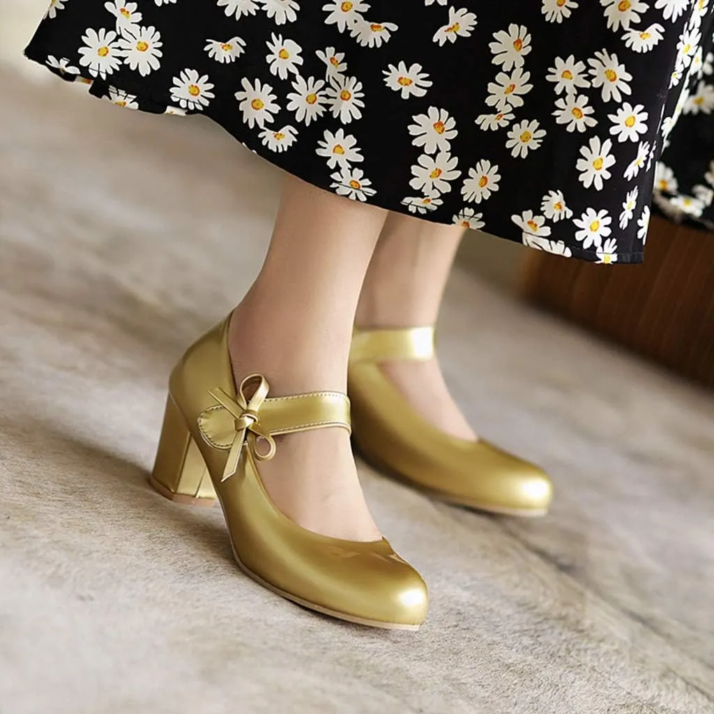 MIOKE Women's Square Toe Low Heel Mary Jane Pumps Pearl Buckle Strap Casual Comfort Wedding Dress Shoes