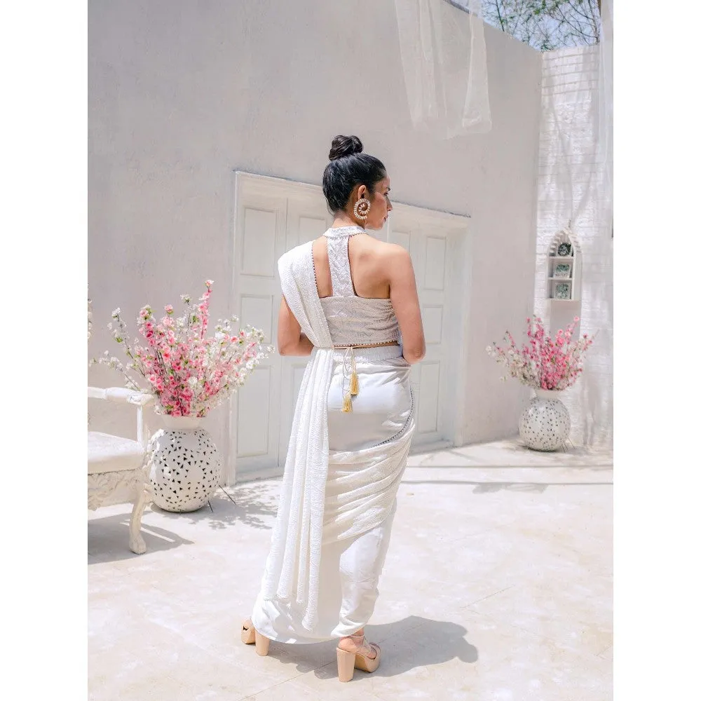MONK & MEI Karishma Chikankari Dhoti Saree with Stitched Blouse & Belt- White (Set of 3)