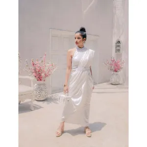 MONK & MEI Karishma Chikankari Dhoti Saree with Stitched Blouse & Belt- White (Set of 3)