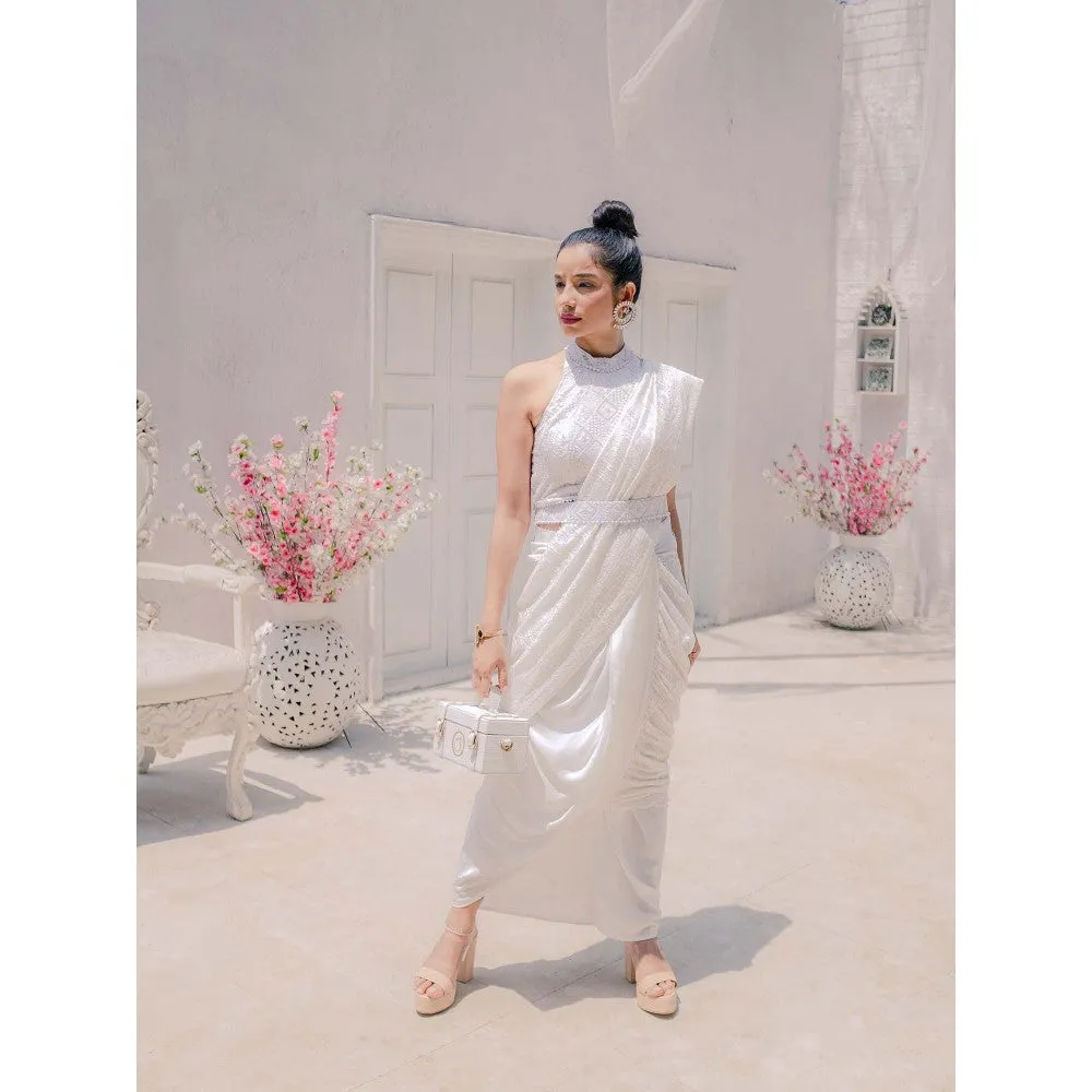MONK & MEI Karishma Chikankari Dhoti Saree with Stitched Blouse & Belt- White (Set of 3)