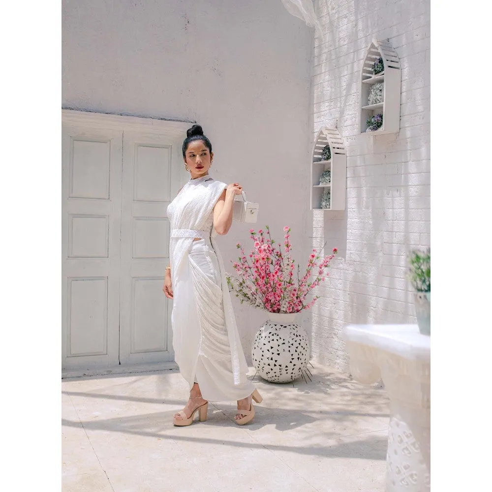 MONK & MEI Karishma Chikankari Dhoti Saree with Stitched Blouse & Belt- White (Set of 3)