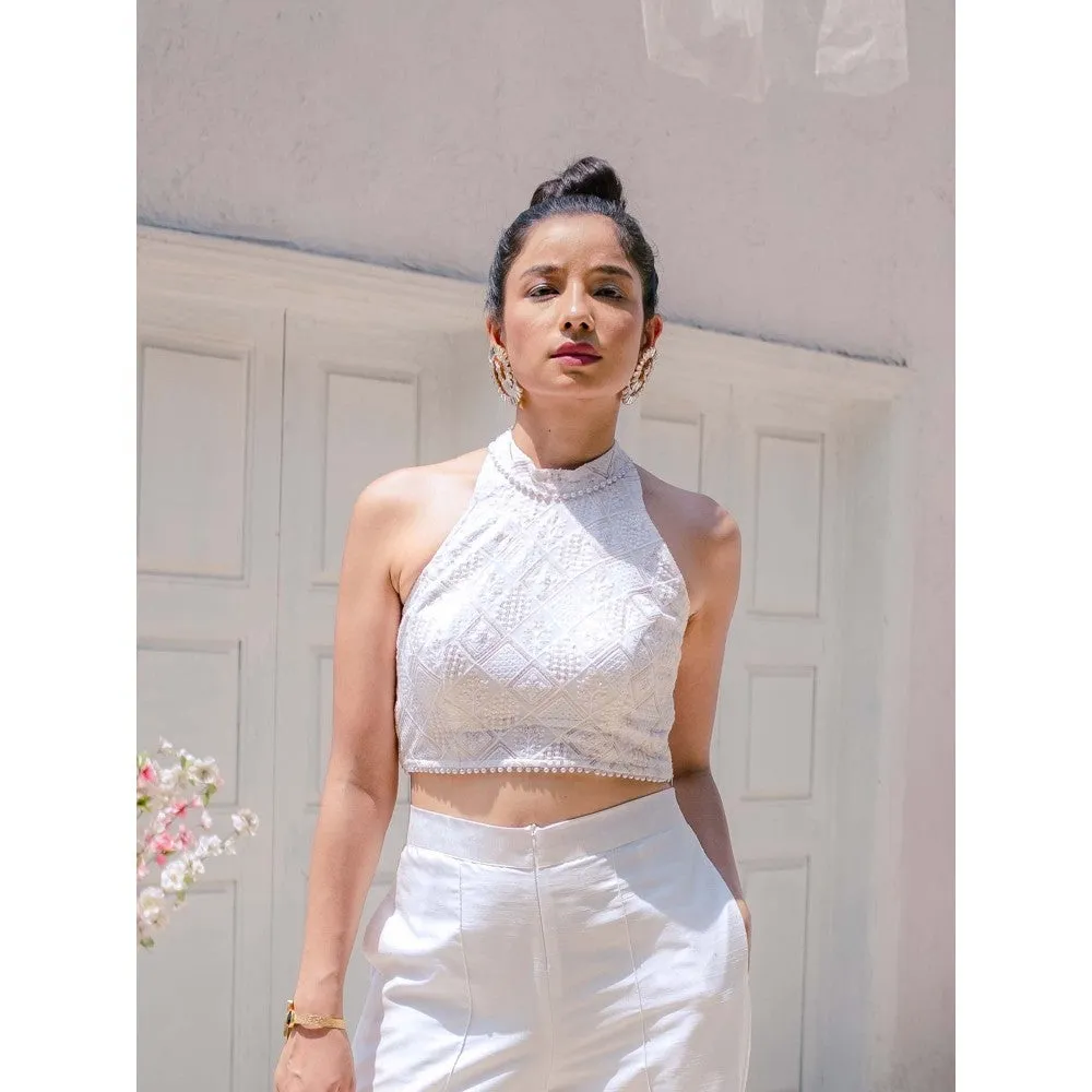 MONK & MEI Karishma Chikankari Stitched Blouse- White