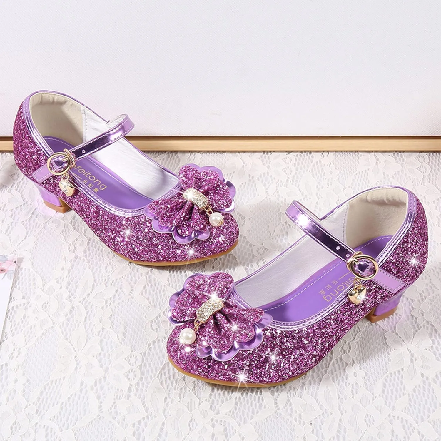 Toddler Kid Mary Jane Shoes Girls Dress Pumps Glitter Sequins Princess Bowknot Low Heels Dance Wedding Single Sandals