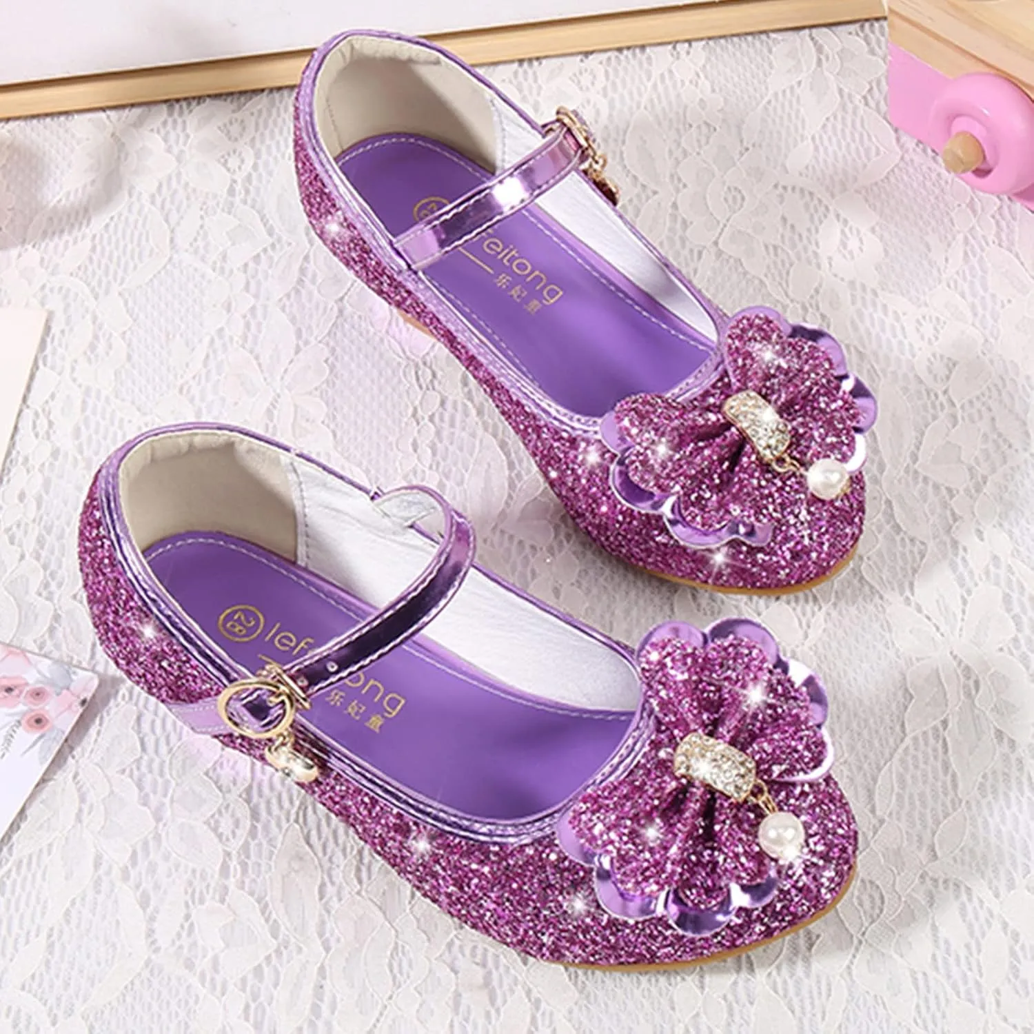 Toddler Kid Mary Jane Shoes Girls Dress Pumps Glitter Sequins Princess Bowknot Low Heels Dance Wedding Single Sandals