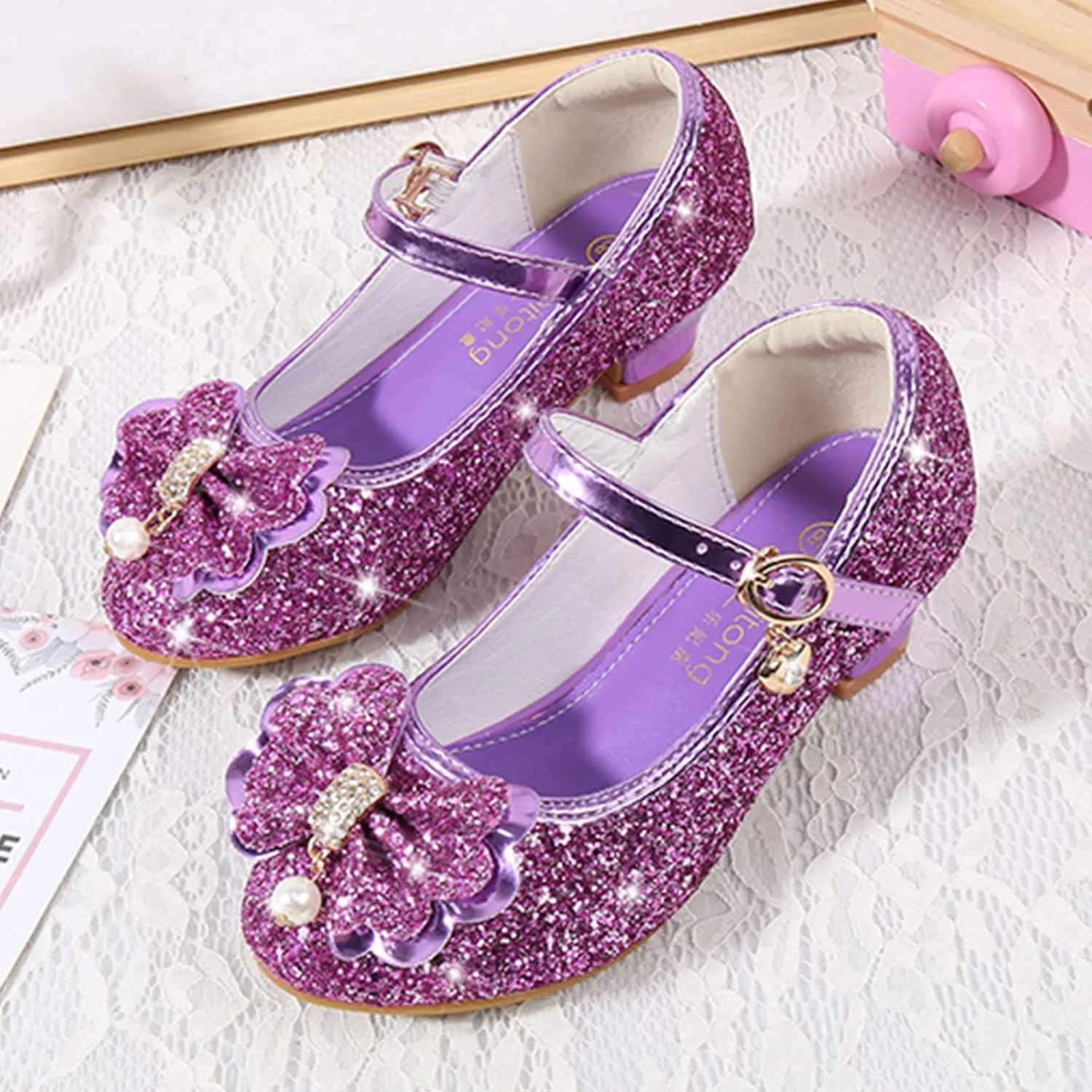Toddler Kid Mary Jane Shoes Girls Dress Pumps Glitter Sequins Princess Bowknot Low Heels Dance Wedding Single Sandals