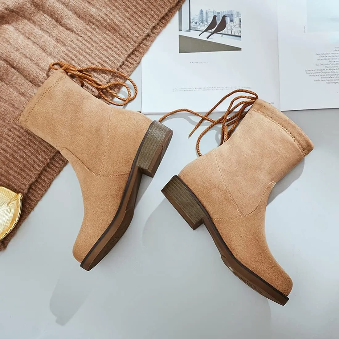 VOKLIN Women's Casual Flat Low Heels Dress Ankle Booties Vegan Suede Round Toe Lace Up Dressy Short Boots