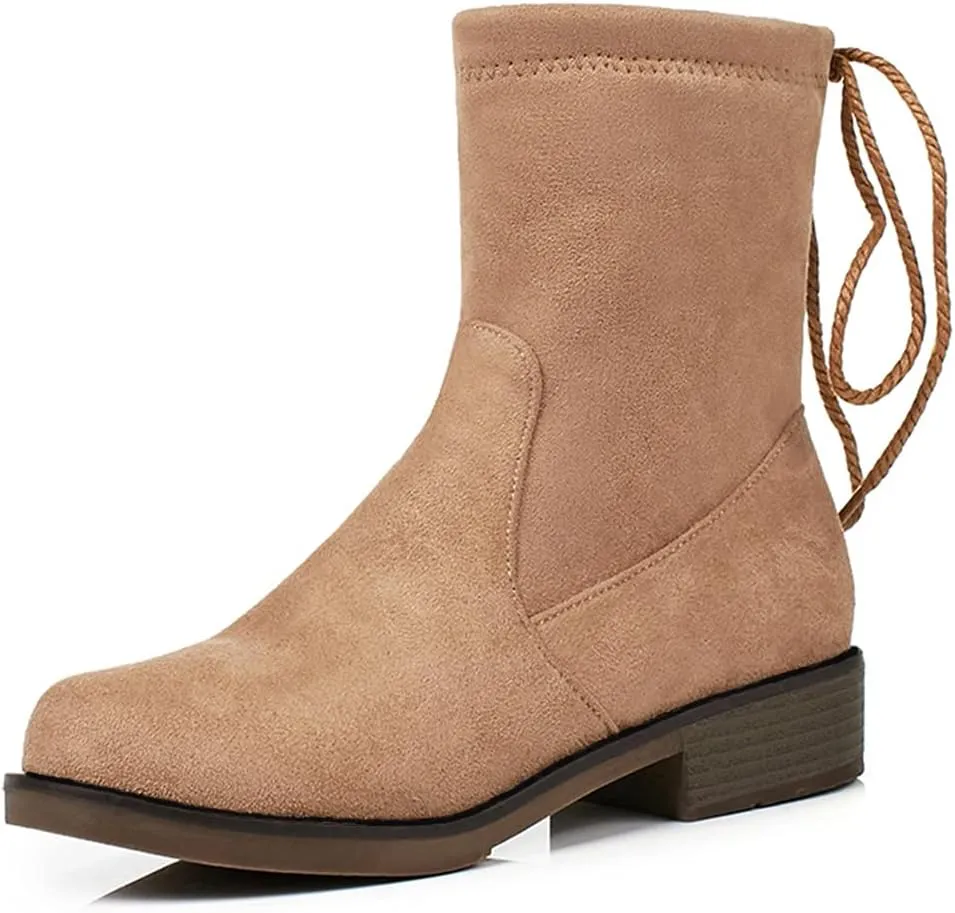 VOKLIN Women's Casual Flat Low Heels Dress Ankle Booties Vegan Suede Round Toe Lace Up Dressy Short Boots