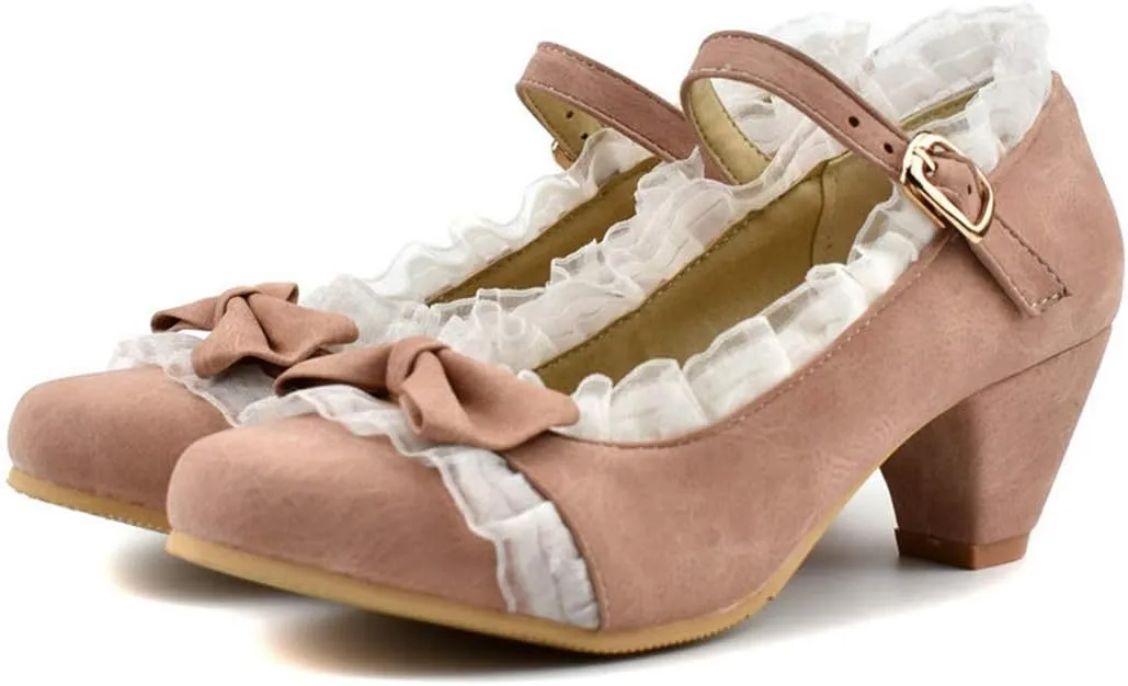 VOKLIN Women's Girls Lolita Mary Jane Shoes Sweet Bow Lace Ankle Strap Low Heel Princess Oxford Dress Pumps