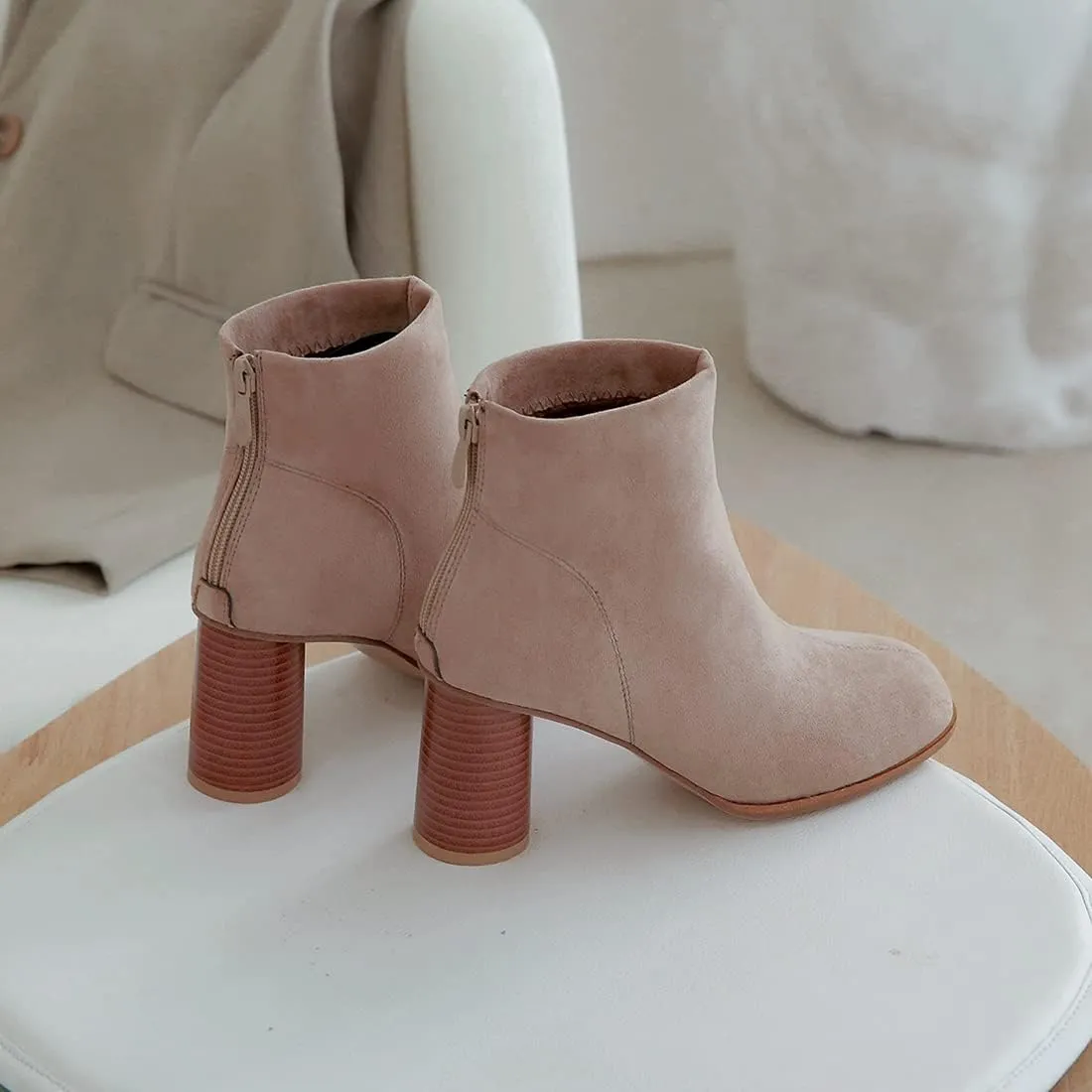 VOKLIN Women's Round Toe Chunky Block High Heel Dress Ankle Boots Vegan Suede Zipper Dressy Short Booties