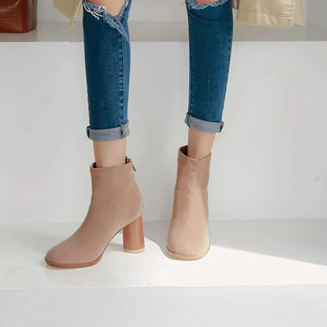 VOKLIN Women's Round Toe Chunky Block High Heel Dress Ankle Boots Vegan Suede Zipper Dressy Short Booties