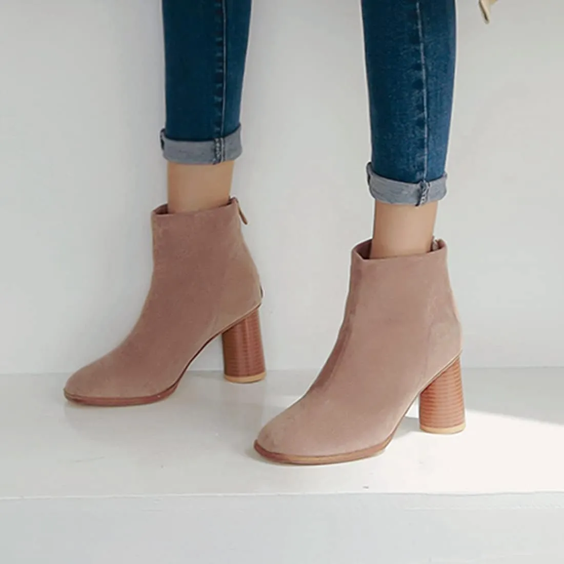 VOKLIN Women's Round Toe Chunky Block High Heel Dress Ankle Boots Vegan Suede Zipper Dressy Short Booties