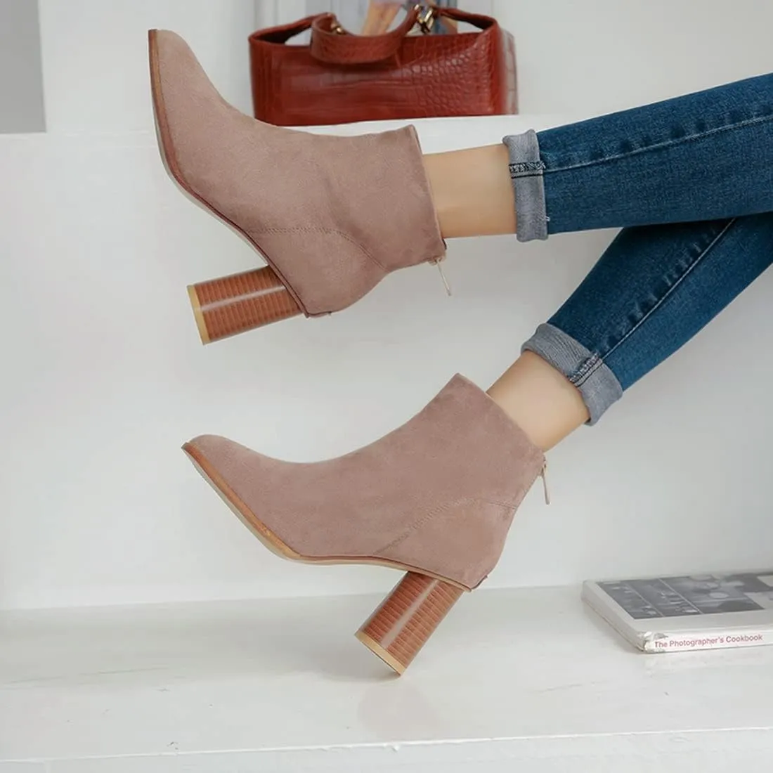 VOKLIN Women's Round Toe Chunky Block High Heel Dress Ankle Boots Vegan Suede Zipper Dressy Short Booties