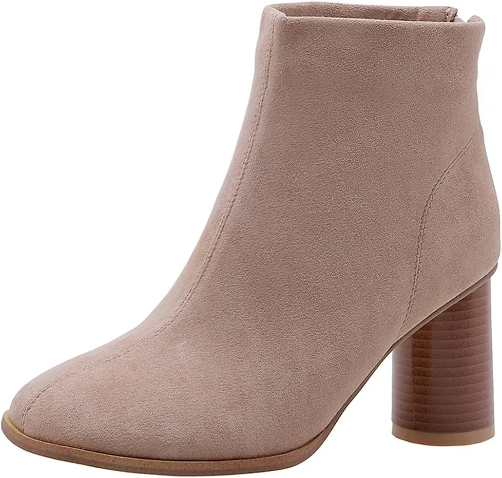 VOKLIN Women's Round Toe Chunky Block High Heel Dress Ankle Boots Vegan Suede Zipper Dressy Short Booties