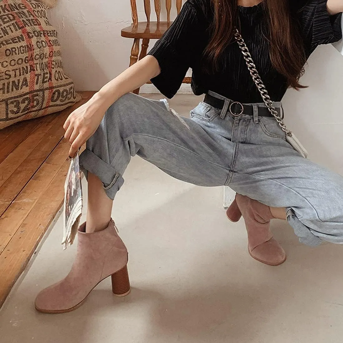 VOKLIN Women's Round Toe Chunky Block High Heel Dress Ankle Boots Vegan Suede Zipper Dressy Short Booties