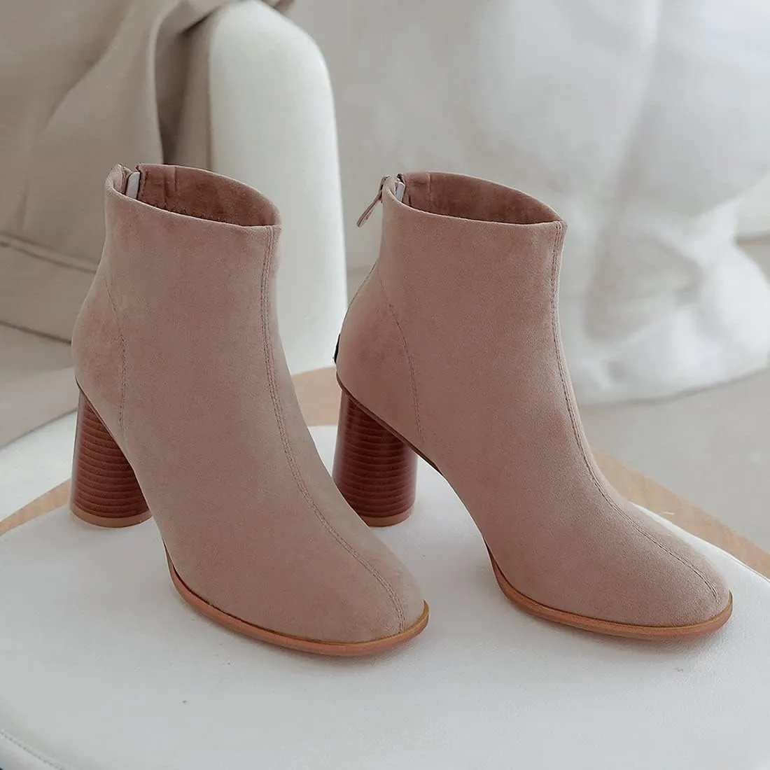 VOKLIN Women's Round Toe Chunky Block High Heel Dress Ankle Boots Vegan Suede Zipper Dressy Short Booties