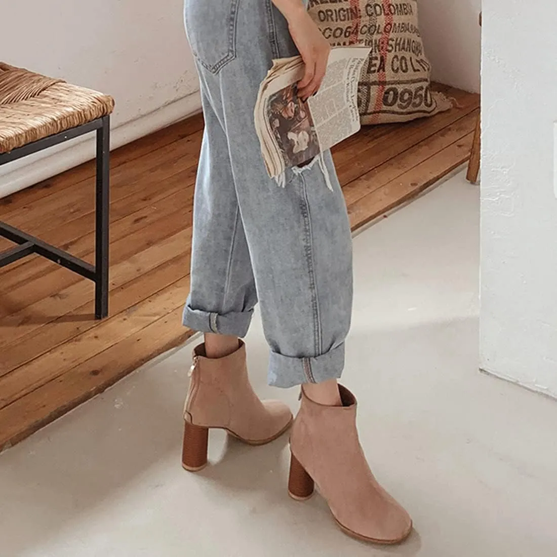 VOKLIN Women's Round Toe Chunky Block High Heel Dress Ankle Boots Vegan Suede Zipper Dressy Short Booties