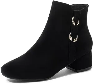 VOKLIN Women's Square Toe Elegant Dressy Ankle Boots Vegan Suede Zipper Block Low Heel Dress Short Booties