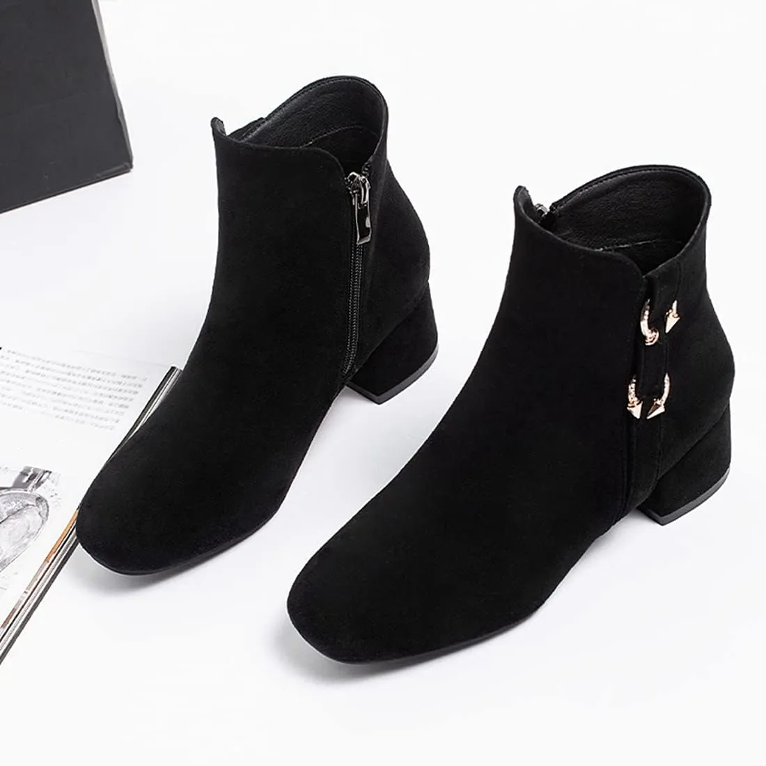 VOKLIN Women's Square Toe Elegant Dressy Ankle Boots Vegan Suede Zipper Block Low Heel Dress Short Booties