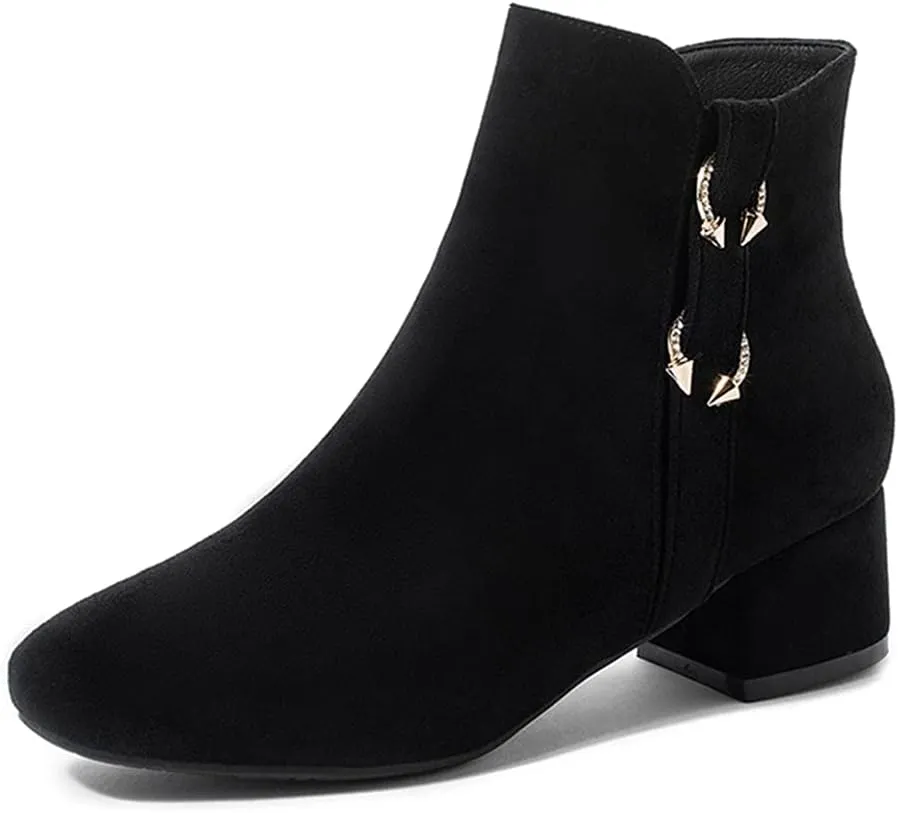 VOKLIN Women's Square Toe Elegant Dressy Ankle Boots Vegan Suede Zipper Block Low Heel Dress Short Booties