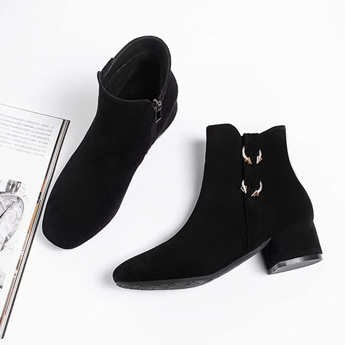 VOKLIN Women's Square Toe Elegant Dressy Ankle Boots Vegan Suede Zipper Block Low Heel Dress Short Booties