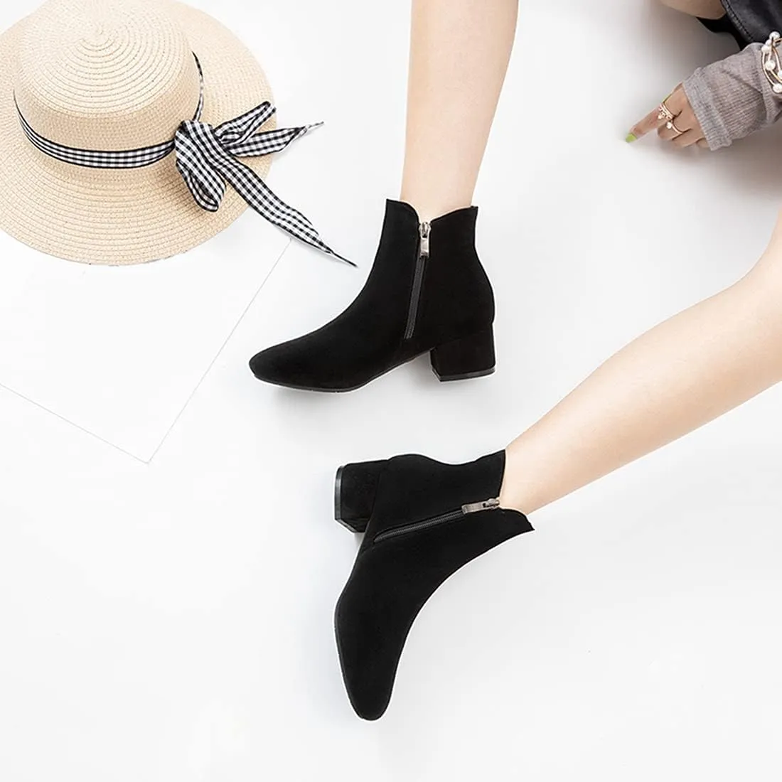 VOKLIN Women's Square Toe Elegant Dressy Ankle Boots Vegan Suede Zipper Block Low Heel Dress Short Booties