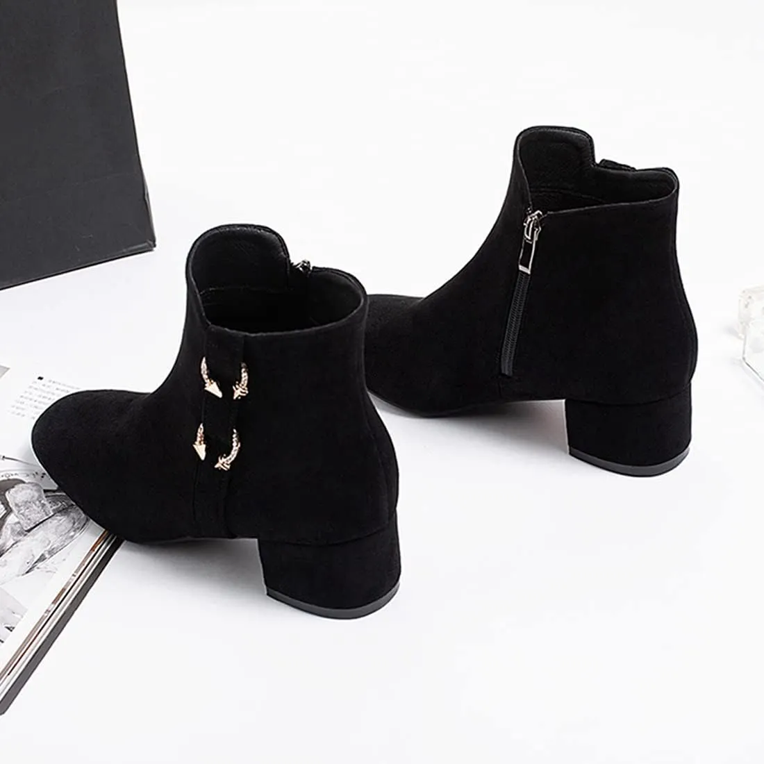 VOKLIN Women's Square Toe Elegant Dressy Ankle Boots Vegan Suede Zipper Block Low Heel Dress Short Booties