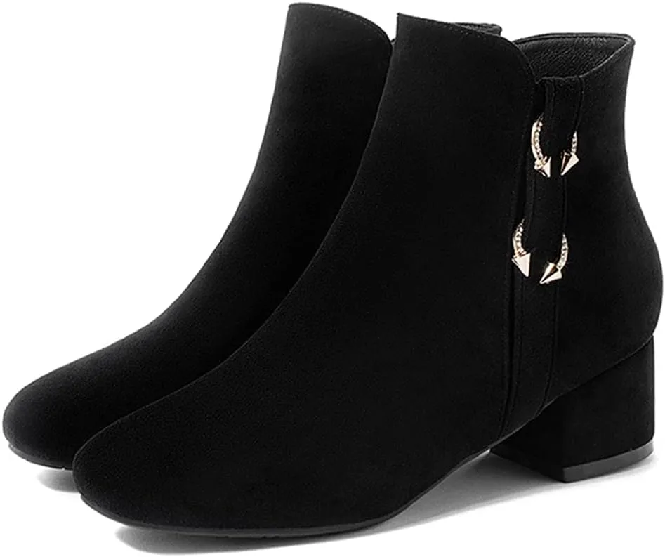 VOKLIN Women's Square Toe Elegant Dressy Ankle Boots Vegan Suede Zipper Block Low Heel Dress Short Booties