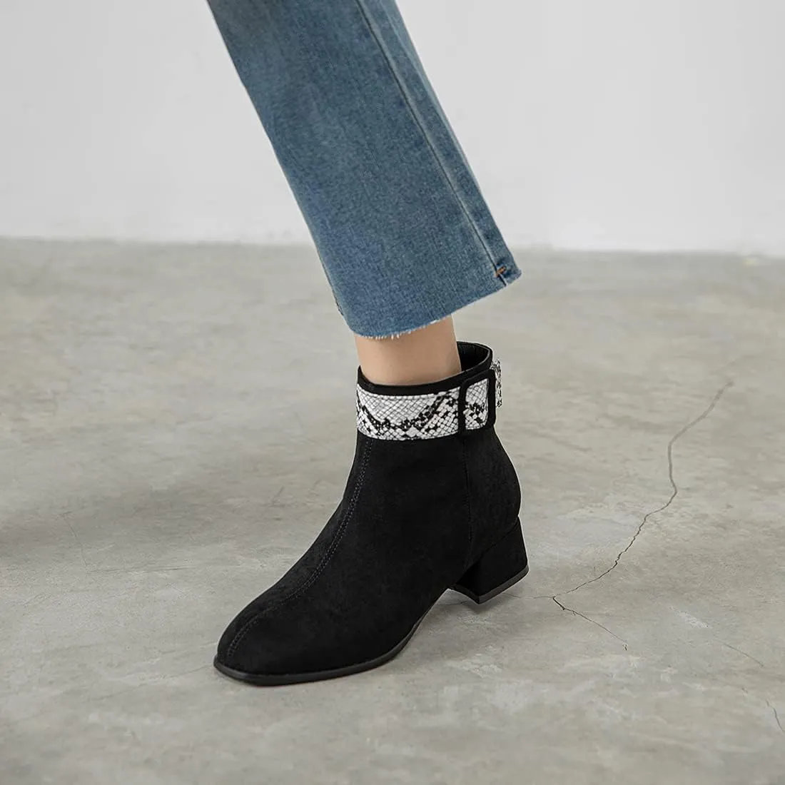 VOKLIN Women's Square Toe Western Dressy Ankle Booties Vegan Suede Buckle Zipper Low Heel Dress Short Boots
