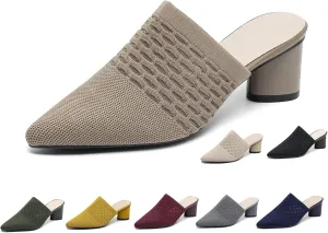 Women Knit Closed Pointed Toe Chunky Heel Mules Mesh Breathable Low Block Heel Pump Sandals Comfortable Slip On Dress Party Slides
