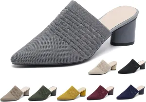 Women Knit Closed Pointed Toe Chunky Heel Mules Mesh Breathable Low Block Heel Pump Sandals Comfortable Slip On Dress Party Slides