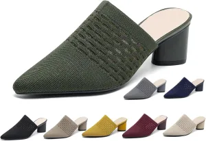 Women Knit Closed Pointed Toe Chunky Heel Mules Mesh Breathable Low Block Heel Pump Sandals Comfortable Slip On Dress Party Slides