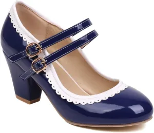 Women's Chunky Block High Heels Mary Jane Pumps Shoes Round Toe Two Toned Wedding Party Dress Shoes